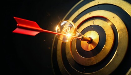 Wall Mural - Target with light bulbs converging, focus, precision, leadership, strategy, goal achievement, 3D render, dark background, business success, competitive concept.
