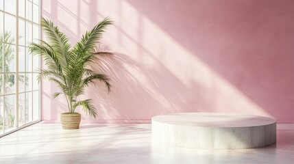 Wall Mural - Bright Modern Studio with Pink Wall and Green Plant Accents