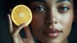 © Oleh - Beautiful woman with glowing skin holding a fresh orange slice near her face, highlighting the link between natural ingredients and healthy skincare for radiance