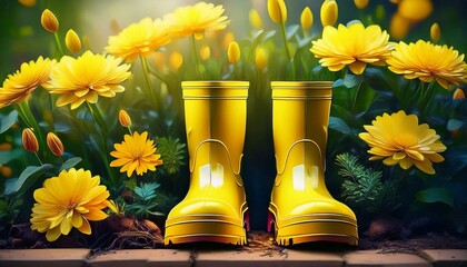 Canvas Print - spring background with yellow rubber boots in the garden ai generative