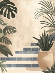 Poster - Steps adorned with plants leading to a serene, stylized outdoor space showcasing nature's beauty