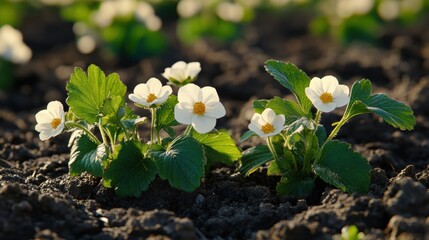 Wall Mural - White Flowering Strawberry Plants Growing in Fresh Dark Soil