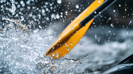 Kayak close-up with water droplets and paddles in action against a fast-moving river