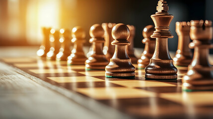 Shot of chessboard pawns lined up with dramatic light and sharp focus on the strategic setup