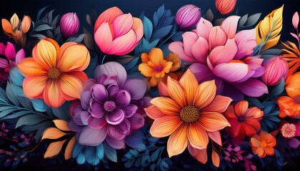 Canvas Print - vibrant floral border with pink orange and purple flowers on a dark background