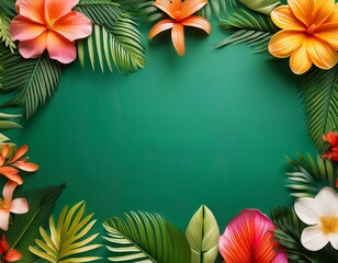 Canvas Print - vibrant tropical flowers frame a textured green background perfect for design projects