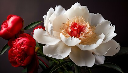 Canvas Print - white peony with red