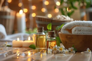 Wall Mural - Relaxing spa atmosphere is being created by essential oils and white towels on a wooden table