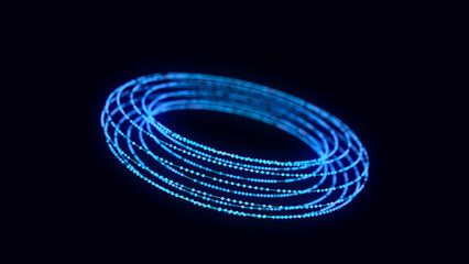 abstract blue torus on black background. wireframe circle structure with glowing particles and lines
