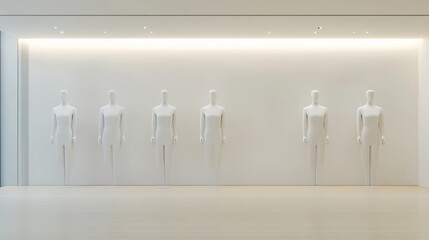 Poster - Six white, headless mannequins stand in an empty retail store, potentially showcasing upcoming fashion trends or awaiting new garments, under bright, modern lighting