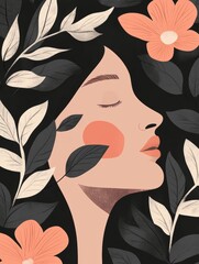 Wall Mural - Artistic representation of a woman surrounded by floral elements in a modern design setting