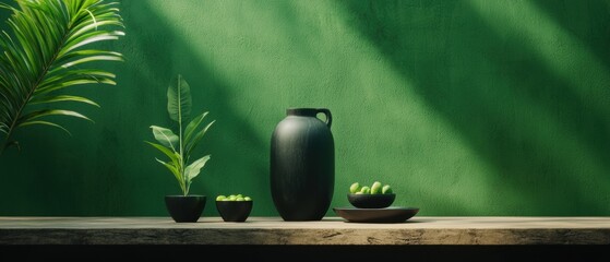 Wall Mural - green wall with black vases and plants