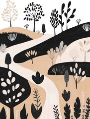 Poster - Nature trails wind through stylized hills with trees and plants in minimalist black and white illustration