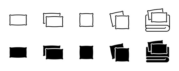 Pillow icon set. Clean bed sheet outline filled solid symbols. Take nap sign. Vector icons