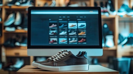 sneakers are displayed on a shop counter with a computer in the background showing an online store s