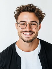 Wall Mural - Man with glasses and a mustache is smiling and wearing a black jacket