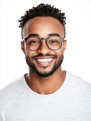 Wall Mural - Man with glasses is smiling and wearing a gray shirt