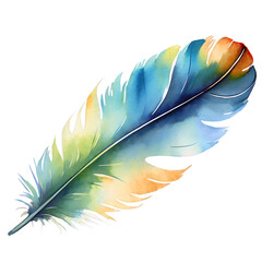 Watercolor painting of a colorful feather isolated transparent background