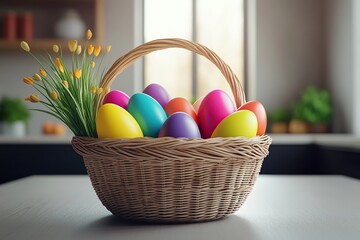 Wall Mural - Colorful painted easter eggs in basket