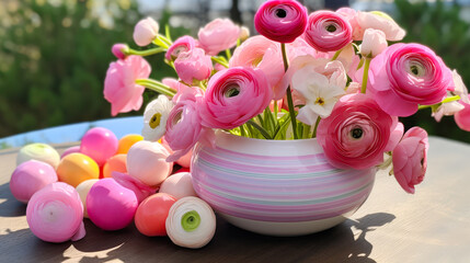 Poster - Vibrant spring flowers and colorful eggs create a festive atmosphere in a sunlit garden setting