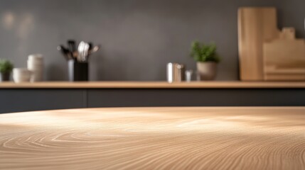 Poster - Sunlight illuminating empty round wooden table surface with blurred modern kitchen interior in the background, creating warm and inviting atmosphere