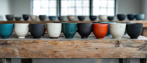 Wall Mural - a table with many different colored cups sitting on it