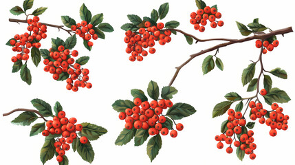 Wall Mural - Set of pyracantha coccinea (scarlet firethorn) frontal isolated png on a transparent background perfectly cutout. Firethorn. Illustration