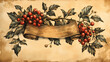 © Thiago - Old fashioned scroll bookplate with ribbon and berries. Firethorn. Illustration