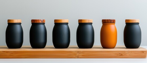 Wall Mural - six black and orange water bottles on a wooden stand