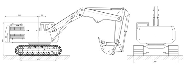 Wall Mural - vector earthmoving machine with bucket. technical drawing of tractor. engineering mechanical design 