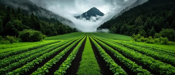 Canvas Print - a field of green plants with mountains in the background