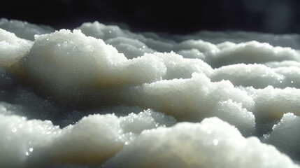 Closeup shot of textured, granular material resembling snow or salt crystals.  Light glistens off the surface, creating a beautiful, abstract texture.