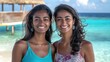 © QuietWord - two girl friends smiling together at blue ocean resort on sunny day, happy summer holiday