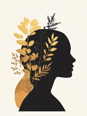 Wall Mural - Creative silhouette of a woman with golden foliage against a light background