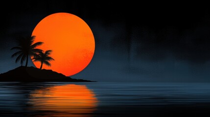 Wall Mural - a sunset with palm trees and an orange moon