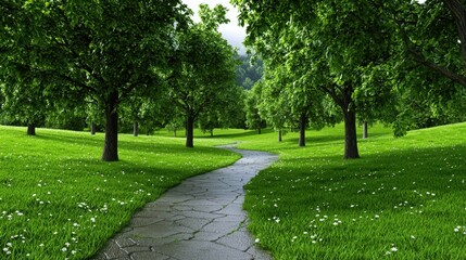 Canvas Print - a path through a green field with trees and flowers