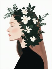 Wall Mural - Woman with floral crown and long hair, showcasing nature-inspired beauty and elegance indoors