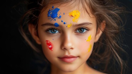 Wall Mural - A young girl with blue eyes and a colorful face paint