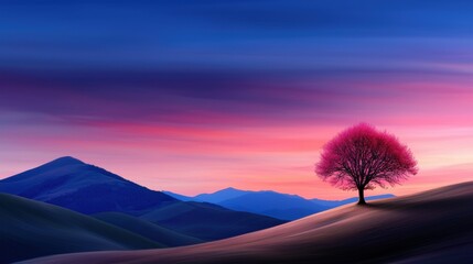 Canvas Print - a tree stands alone on a hill with mountains in the background