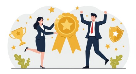a flat illustration of a man and woman in business attire celebrating with a large gold ribboned bad