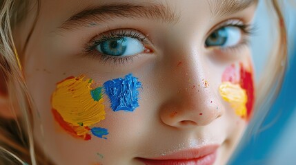 Wall Mural - A young girl with blue eyes and a colorful face paint