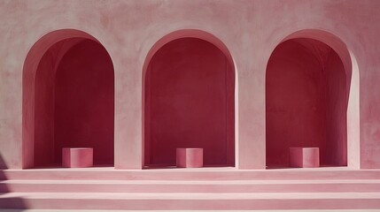 Wall Mural - Pink Architectural Arches: Three elegant arched recesses in a soft pink wall create a visually appealing and symmetrical composition.  The muted pink creates a serene and minimalist aesthetic.