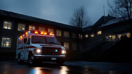 A red and white ambulance is parked outside a building