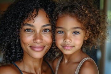 In a bright garden on a sunny day, a biracial mother holds and smiles warmly at her daughter