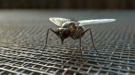 Close-up of a housefly on a metal mesh surface