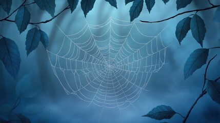 A delicate spider web covered in dew drops, stretched between tree branches in a misty forest