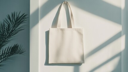 Aufkleber - White tote bag hanging on a white wall with the shadow of a plant, creating a minimalist and stylish composition, ideal for showcasing designs or promoting eco friendly products