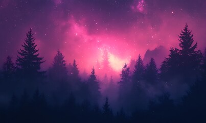 Wall Mural - Violet and Pink Starry Cosmos Over a Silhouette of Trees, Captivating HD Phone Wallpaper