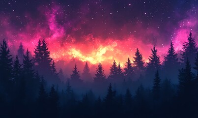 Wall Mural - Violet and Pink Starry Cosmos Over a Silhouette of Trees, Captivating HD Phone Wallpaper