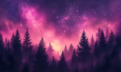 Wall Mural - Cosmic Violet and Pink Skies Above a Dark Forest, HD Phone Wallpaper
